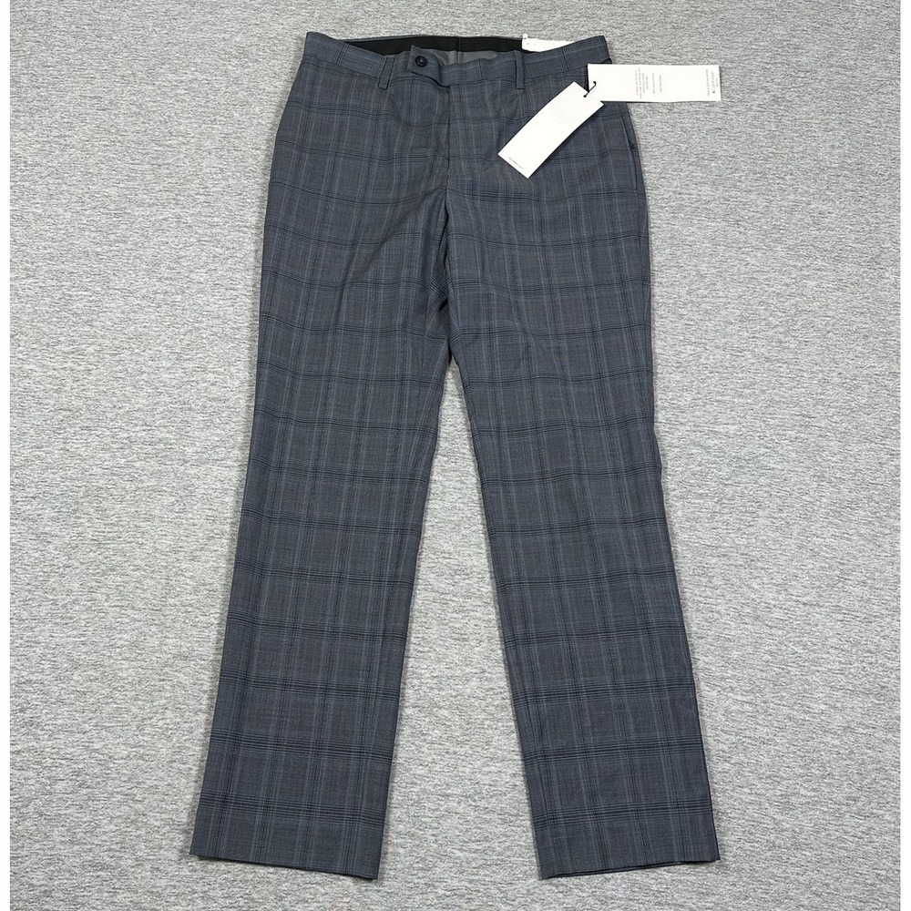 Calvin Klein Dress Pants Mens 32x30 Gray Blue Plaid Slim Fit Wool Blend NEW
